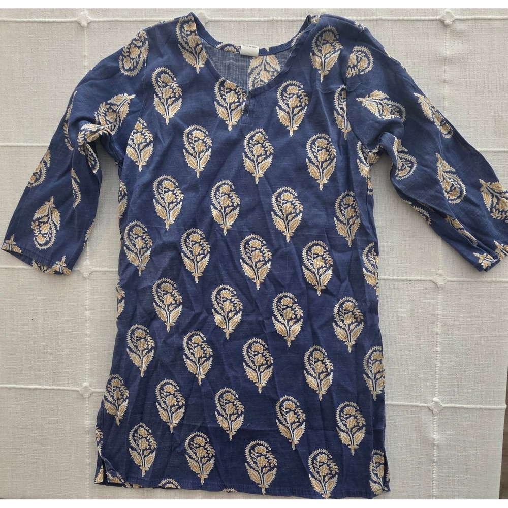 Navy Blue Cotton Block Print Paisley Tunic Top 3/4 Sleeve Size 38